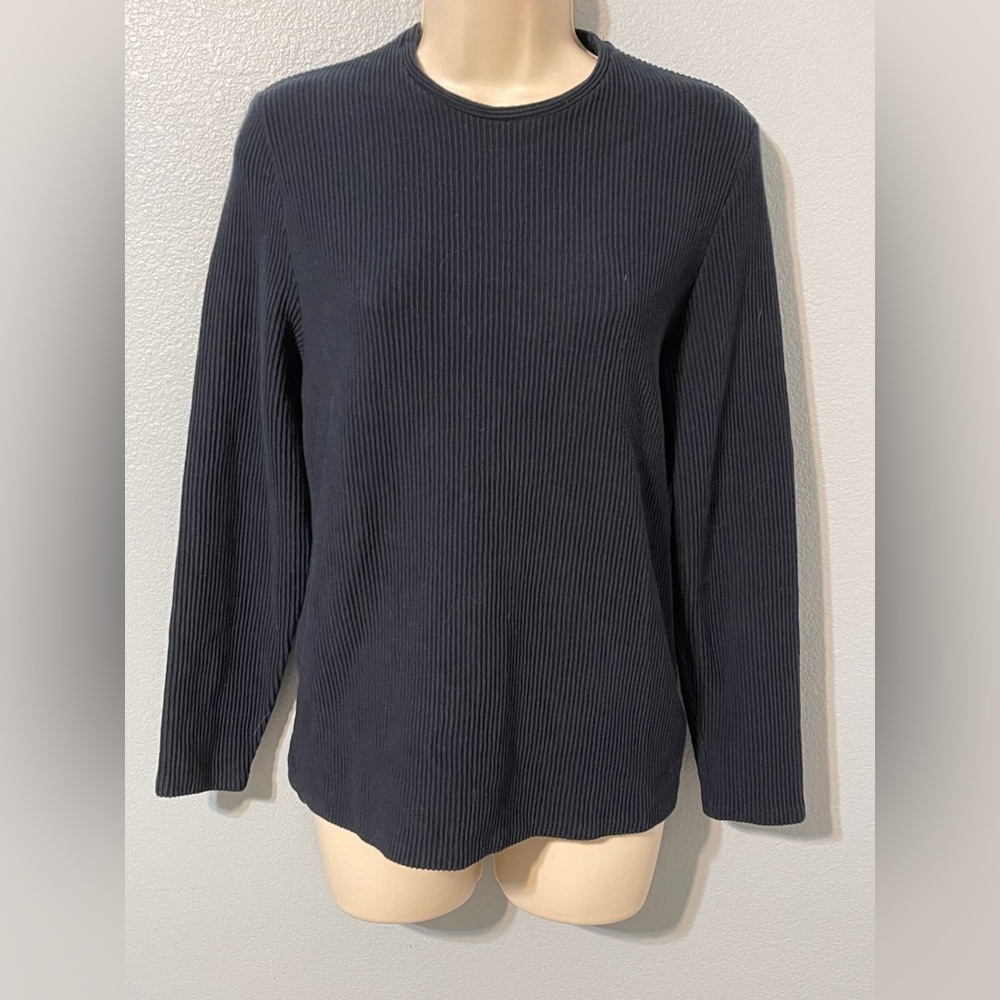 Zara Ribbed Knit Top Navy Long Sleeve Minimalist Quiet Luxury Basic Chic Small